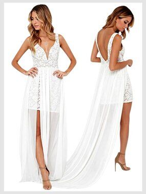 Ark & Co Lace High Low Maxi Dress White Deep V Bridal S